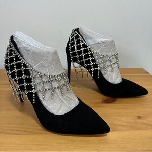 Vince Camuto Black Suede Rhinestone Heels Pointed Toe Stiletto Size 8.5 NWT